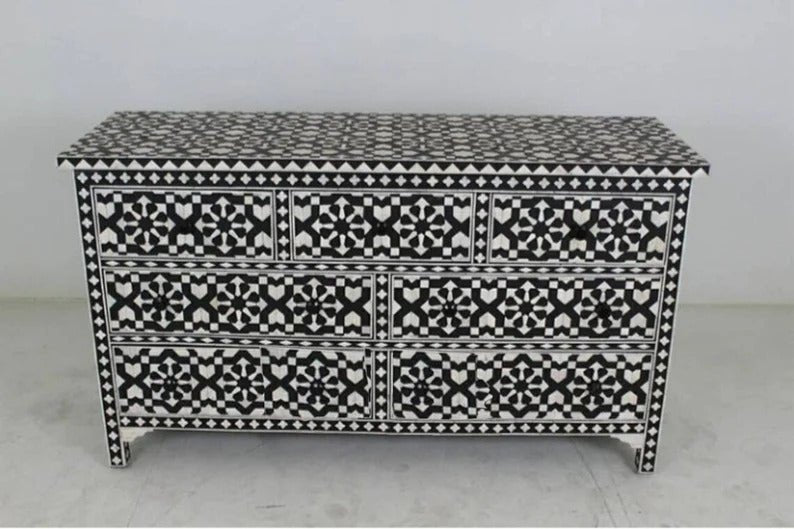 Handmade Bone Inlay Chest of 7 Drawers | Bone Inlay Living Room Decor Drawer Dresser - Bone Inlay Furnitures