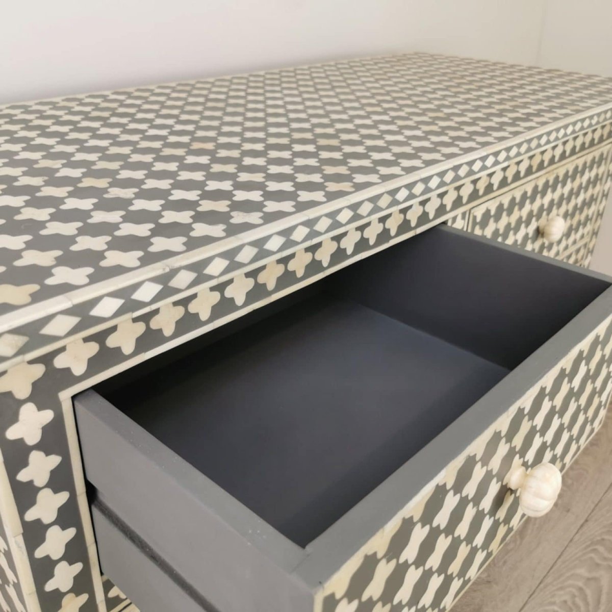 Handmade Bone Inlay Chest of Drawers | Wooden Bedroom Dresser in Grey Color Chest of Drawers - Bone Inlay Furnitures