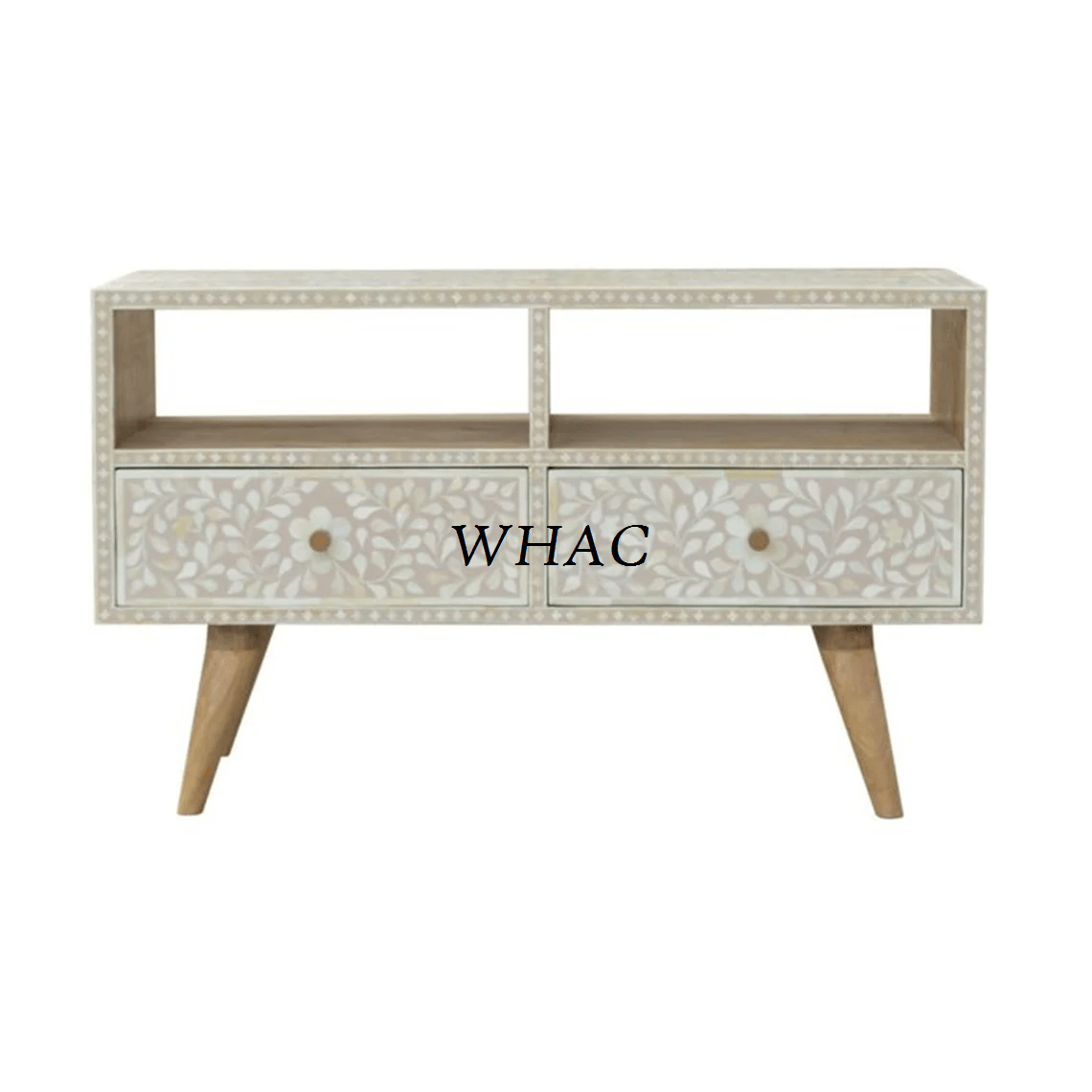 Handmade Bone Inlay Floral Pattern T.V Unit | Console Table in White Color console table - Bone Inlay Furnitures