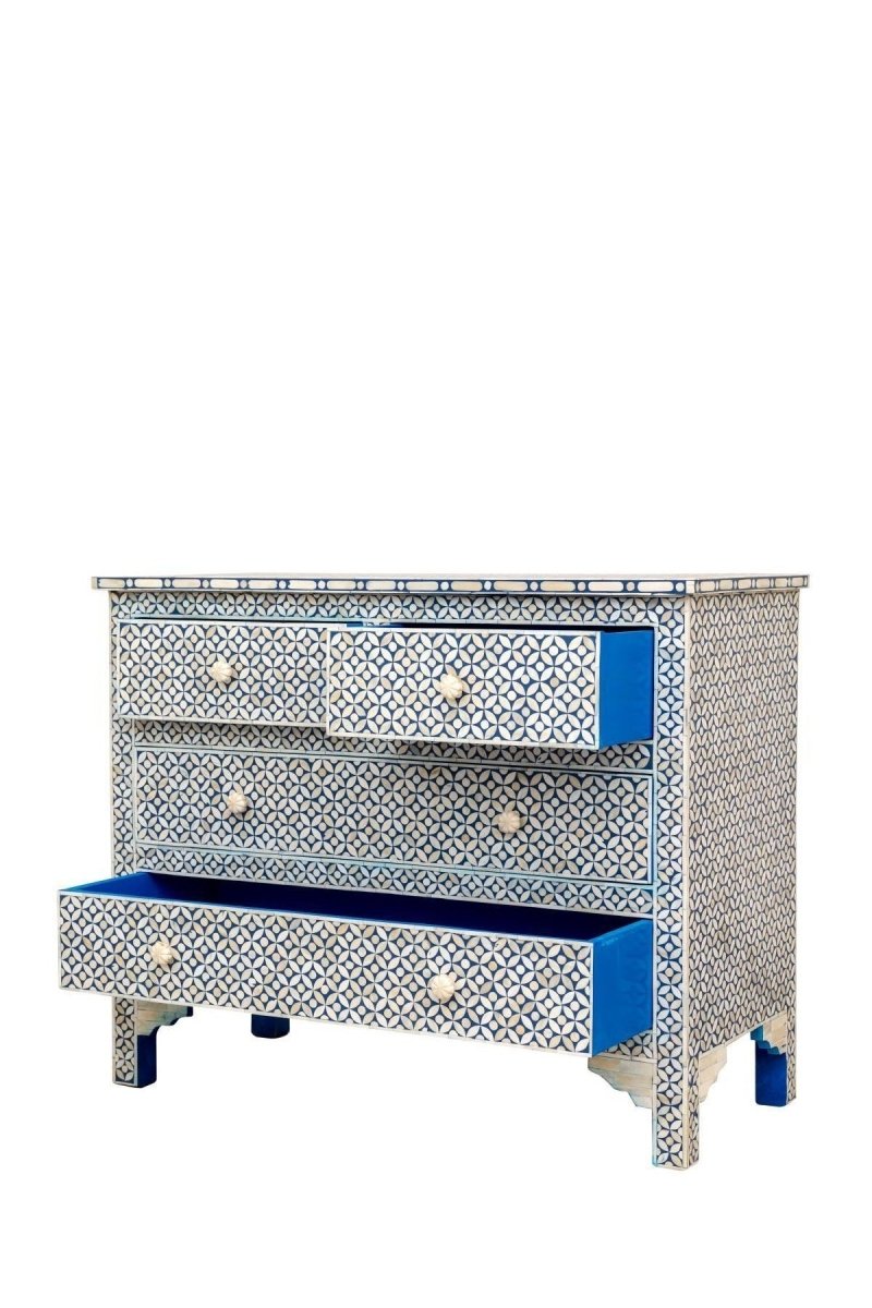 Handmade Bone Inlay Four-Drawers Dresser | Bone Inlay Wooden Storage Unit In Blue Color Chest of Drawers - Bone Inlay Furnitures