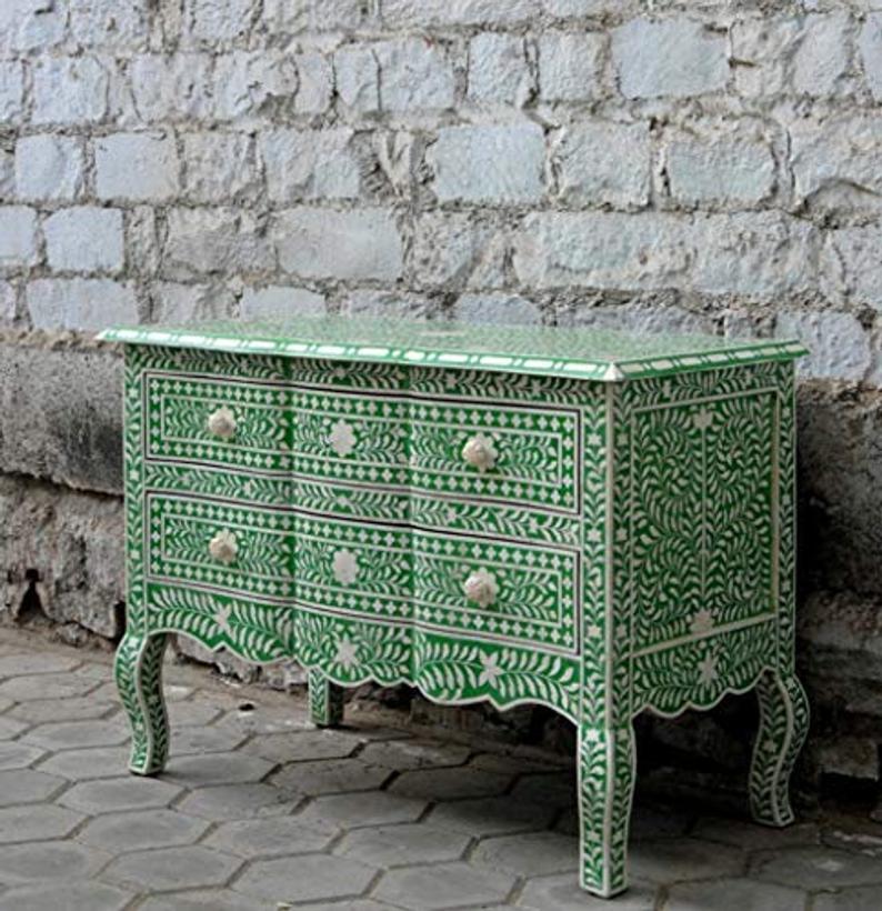 Handmade Bone Inlay Frontal Wave Chest of 2 Drawers | Bone Inlay French Dresser In Green Color Chest of Drawers - Bone Inlay Furnitures