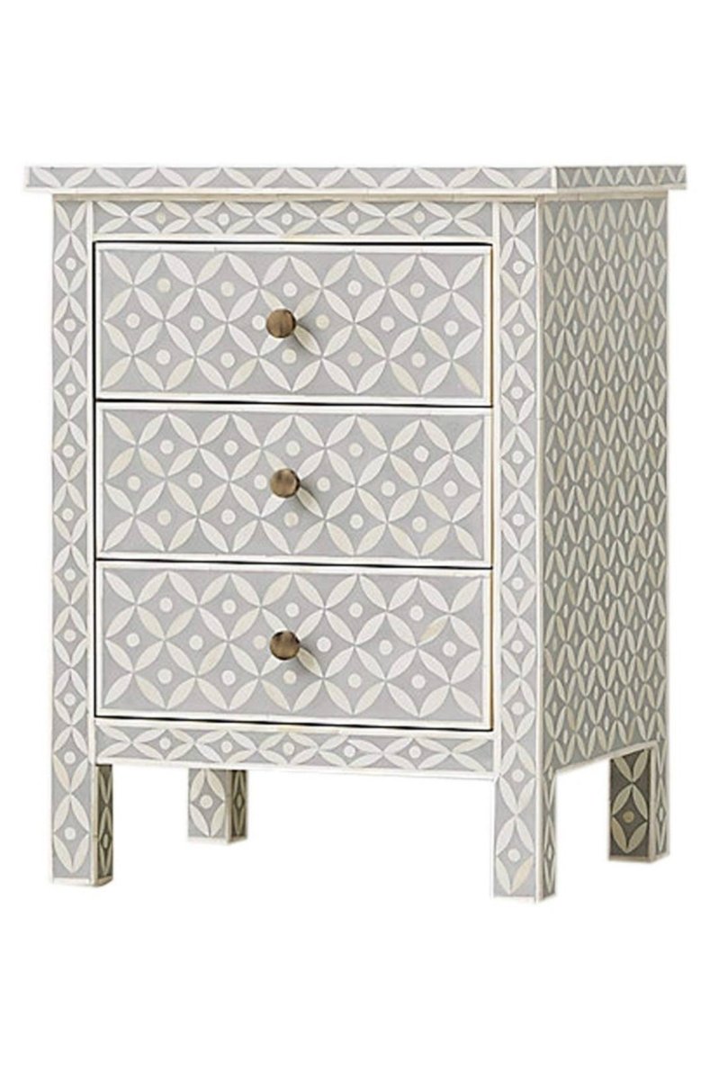 Handmade Bone inlay Geometric Pattern Nightstand in Gray Color | Custom Made Lampstand Nightstand - Bone Inlay Furnitures