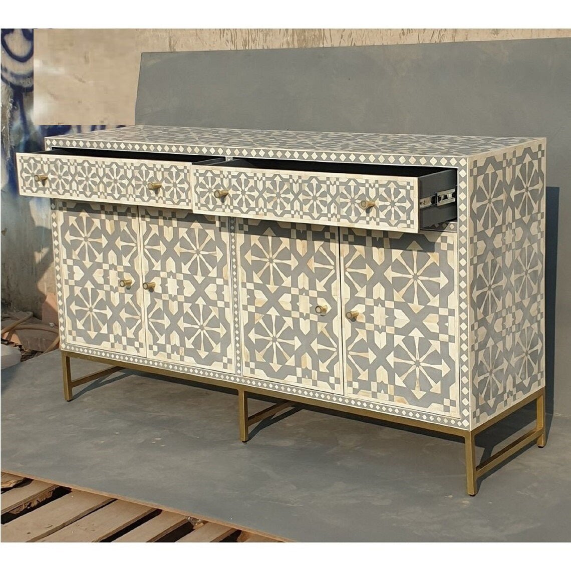 Handmade Bone Inlay Gray and White Color Sideboard | Handmade Bone Inlay Buffet Table Sideboard - Bone Inlay Furnitures