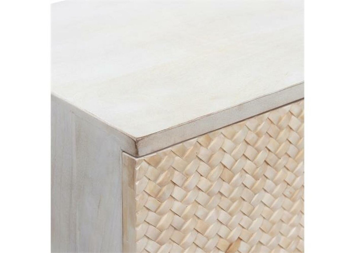 Close-up of basket weave bone inlay texture on a cream sideboard showing intricate hand-set natural bone pattern and smooth mango wood top edge