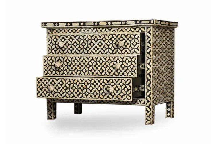 Handmade Bone Inlay Large 3 Drawers Dresser in Black Color | Handmade Wooden Storage Unit Drawer Dresser - Bone Inlay Furnitures