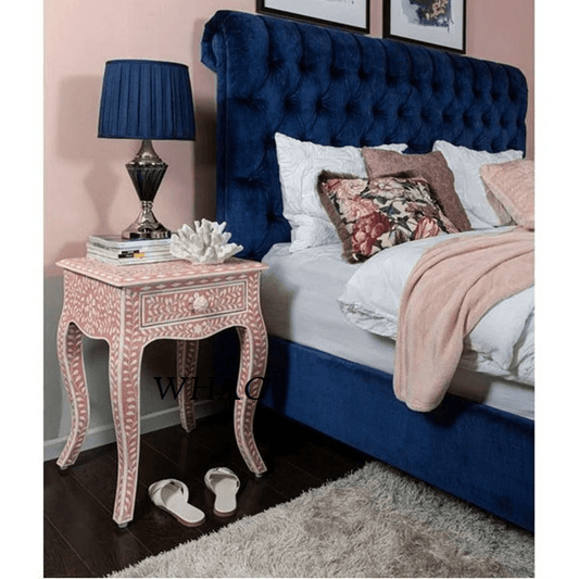 Handmade Bone Inlay Nightstand | French End Table in Pink Color Furniture Nightstand - Bone Inlay Furnitures