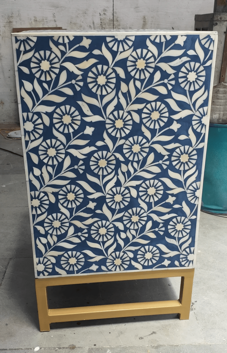 Handmade Bone Inlay Sunflora Design Nightstand Blue Color | Handmade Bedside Storage Unit Nightstand - Bone Inlay Furnitures