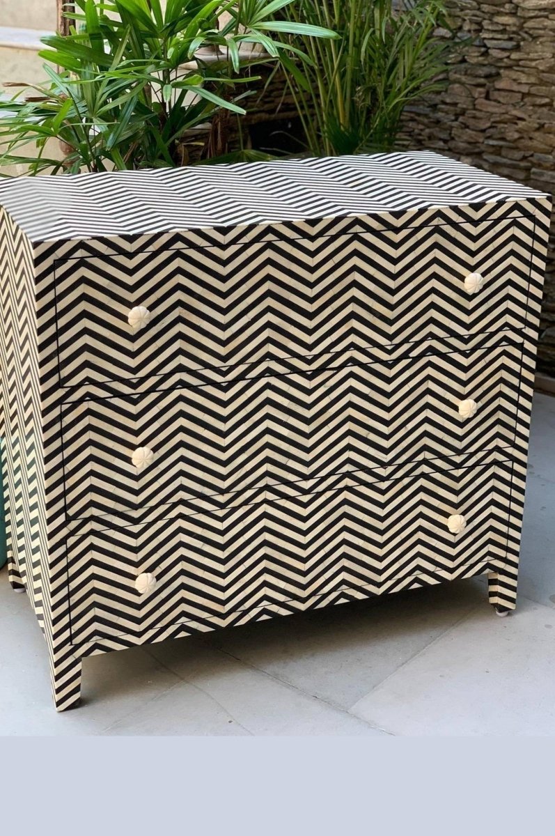 Handmade Bone Inlay Zig-zag Design Dresser | Handmade Chest Of Drawer in Black and White Color Dresser - Bone Inlay Furnitures