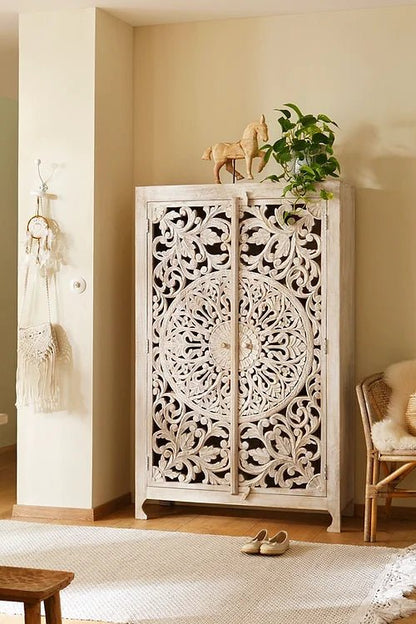 Handmade Carved Wooden Floral Pattern Armoire Wardrobe in White Color | Indian Furniture Armoire - Bone Inlay Furnitures