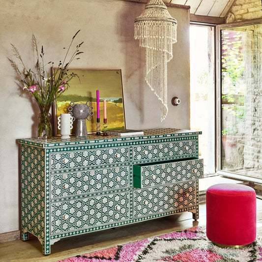 Handmade Floral Bone Inlay Six Drawer Dresser | Bone Inlay Furniture In Green Color Chest of Drawers - Bone Inlay Furnitures
