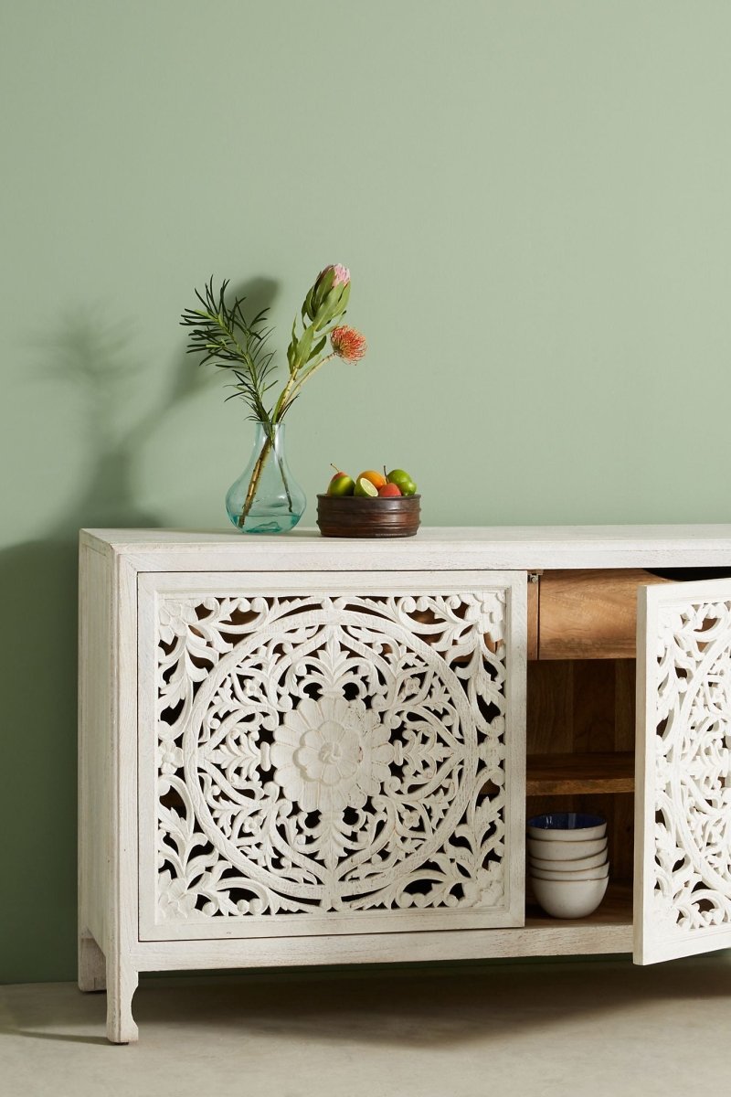 Handmade Hand Carved Lombok Buffet Table In White Color | Custom Made Sideboard Buffet & Sideboard - Bone Inlay Furnitures