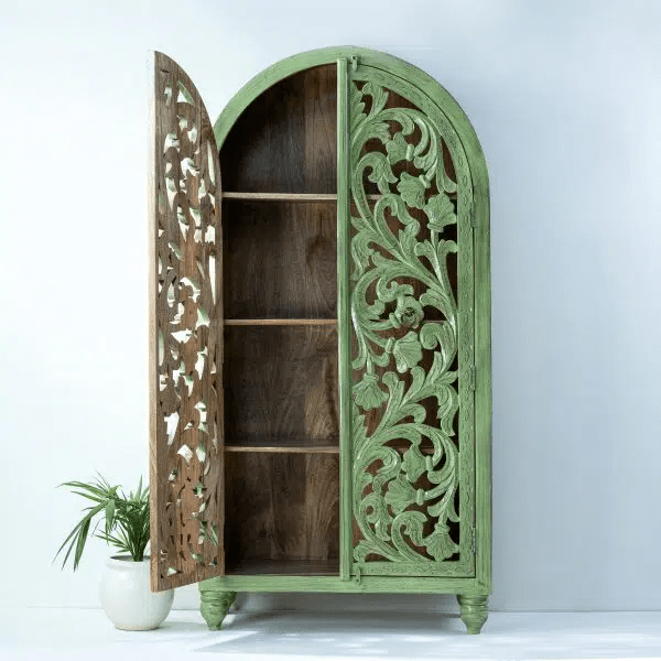 Handmade Hand Carved Solid Wooden Tall Cupboard in Green Color Armoire - Bone Inlay Furnitures