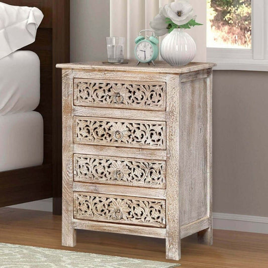 Handmade Indian Wood Carving Bedside Table | Hand-carving Antique Nightstand Nightstand - Bone Inlay Furnitures