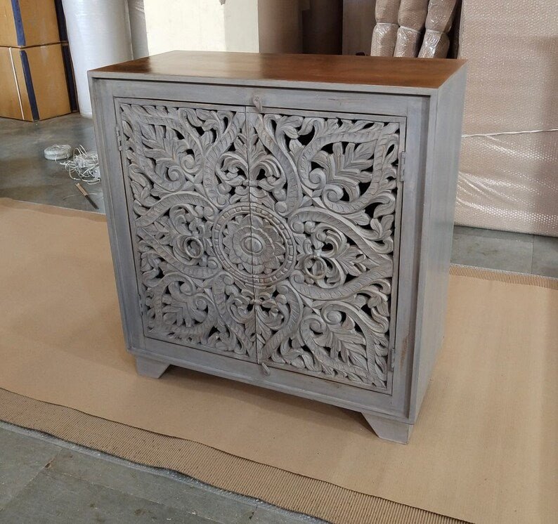 Handmade Indian Wooden Cabinet | Hand Carved Door Cabinetry Furniture Cabinet - Bone Inlay Furnitures