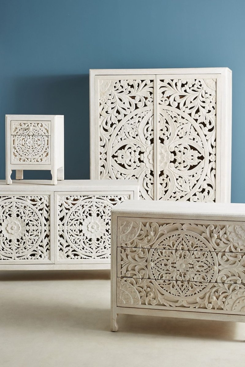 Handmade Lombok Three-Drawer Dresser | Hand-carved Wooden Chest of Drawers Drawer Dresser - Bone Inlay Furnitures