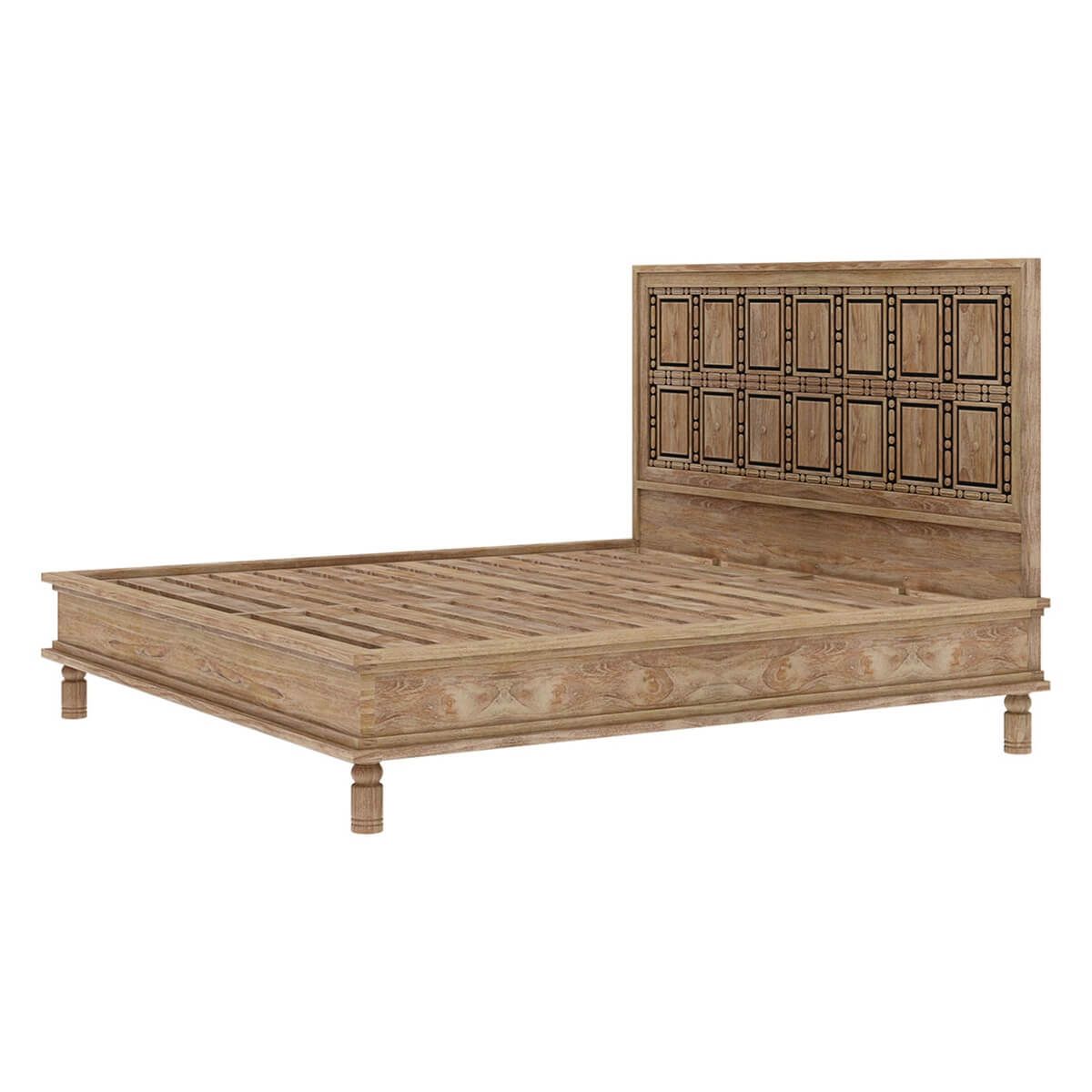 Handmade Solid Wood Traditional Platform Bed | Hand-carved Bed with Headboard Beds & Bed Frames - Bone Inlay Furnitures