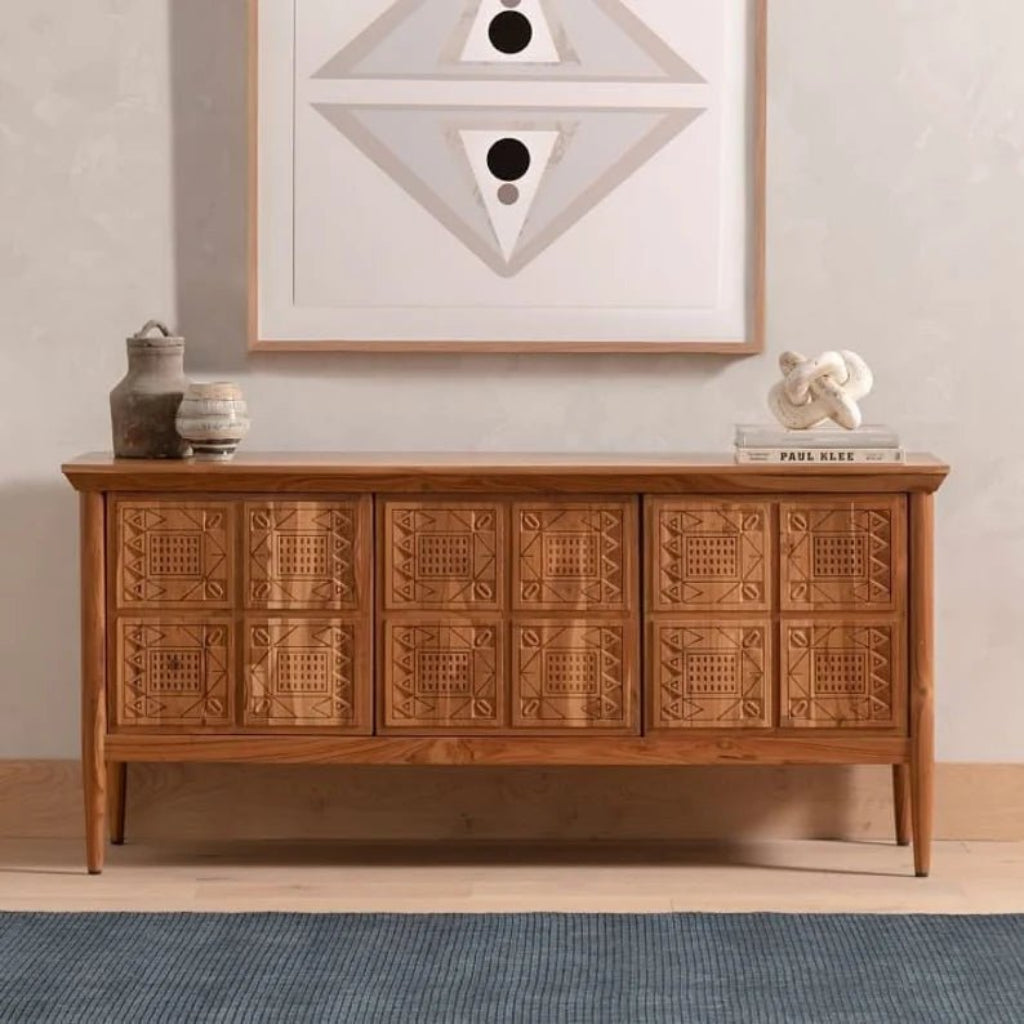 Mid century modern hand carved wooden sideboard with geometric panel design in walnut finish solid wood storage cabinet