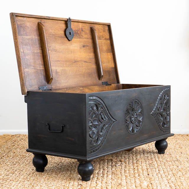Handmade Wood Carving Storage Box | Hand-carved Black Wooden Blanket Box Blanket box - Bone Inlay Furnitures