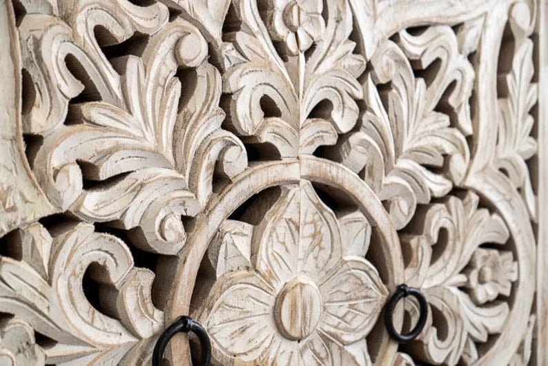 Handmade Wood Carving White Wash Color Buffet Table | Hand-carved Unique Sideboard Buffet & Sideboard - Bone Inlay Furnitures