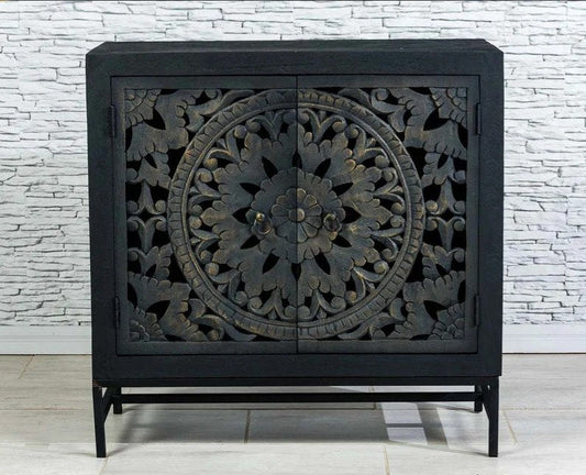 Mandala Carved Solid Wood Cabinet | Handmade Indian Blackwash Small Sideboard Buffet & Sideboard - Bone Inlay Furnitures