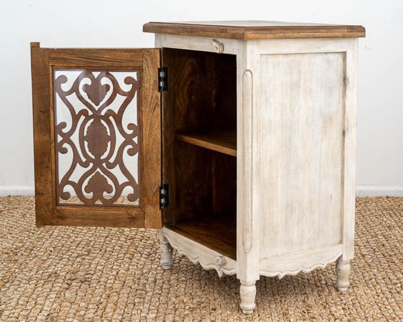 Wooden Hand Carved Nightstand in Gray, Black & White Color | Handmade Bedside Table Nightstand - Bone Inlay Furnitures