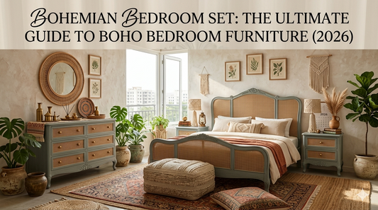 Bohemian bedroom set with hand-carved wooden bed frame and rattan headboard by Bone Inlay Furnitures