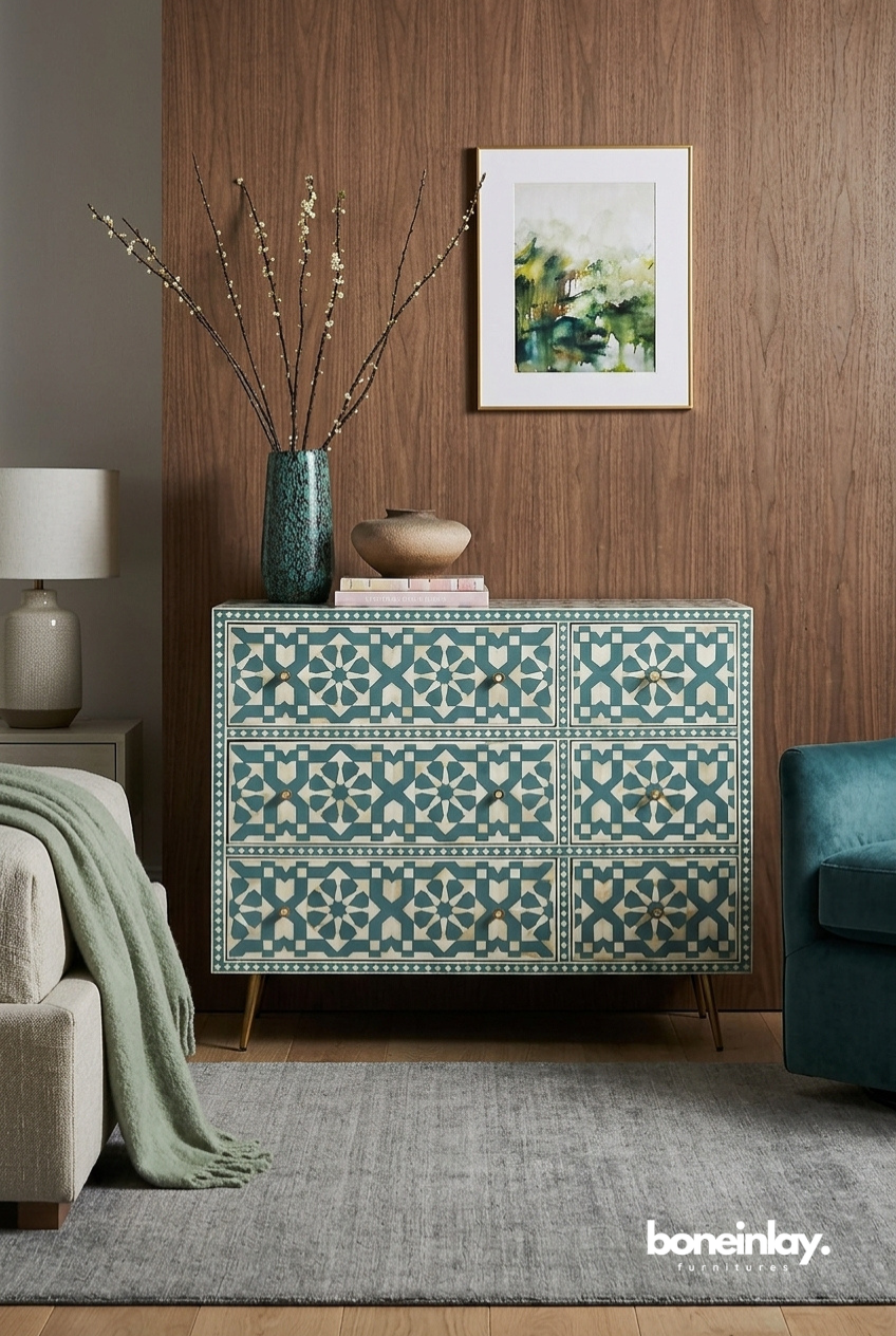 Teal Geometric Bone Inlay Dresser Chest with Mid Century Style