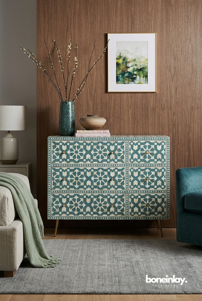 Teal Geometric Bone Inlay Dresser Chest with Mid Century Style