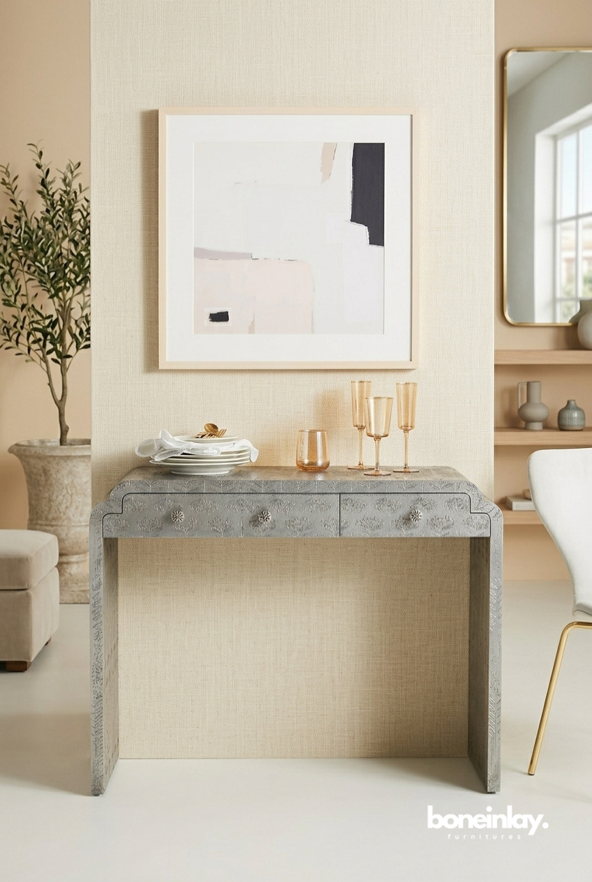 Contemporary Gray Bone Inlay Console Table for Entryway or Hallway