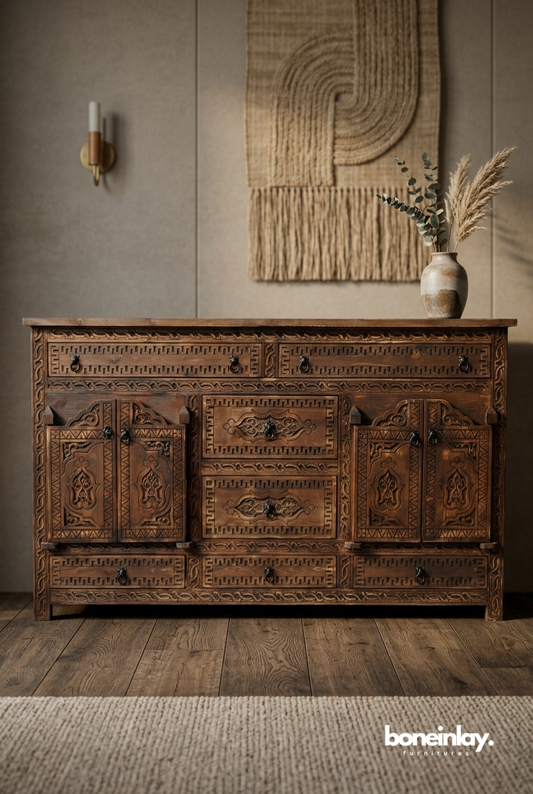 Vintage Hand Carved Wooden Sideboard Cabinet with Tribal Heritage Detailing