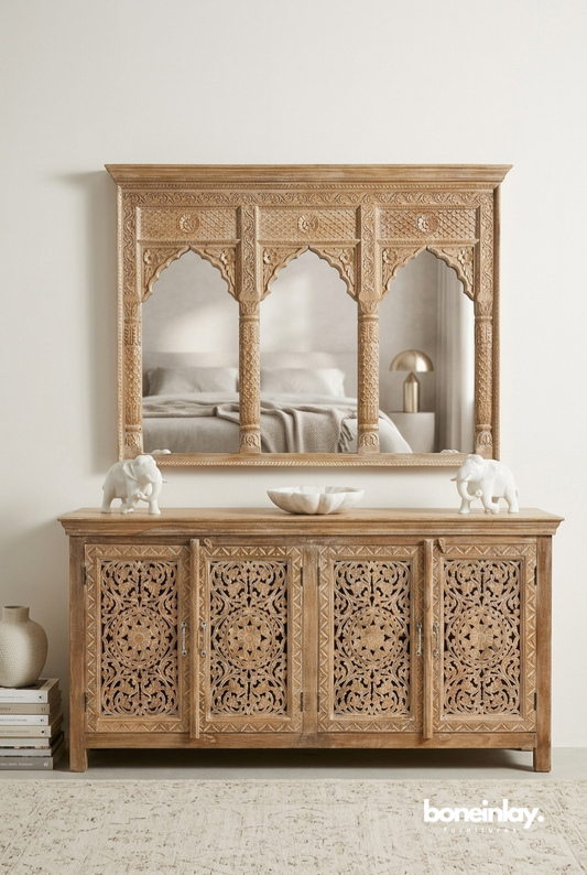 Moroccan Style Hand Carved Wooden Sideboard with Arched Mirror Frame