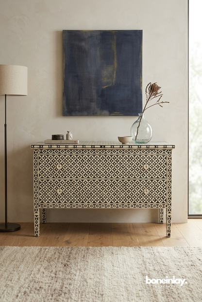 Handmade Bone inlay Geometric Pattern Chest of Two Drawer Dresser