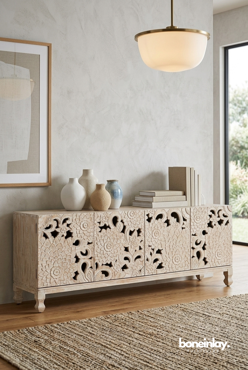Hand Carved Lotus Floral Wooden Media Unit