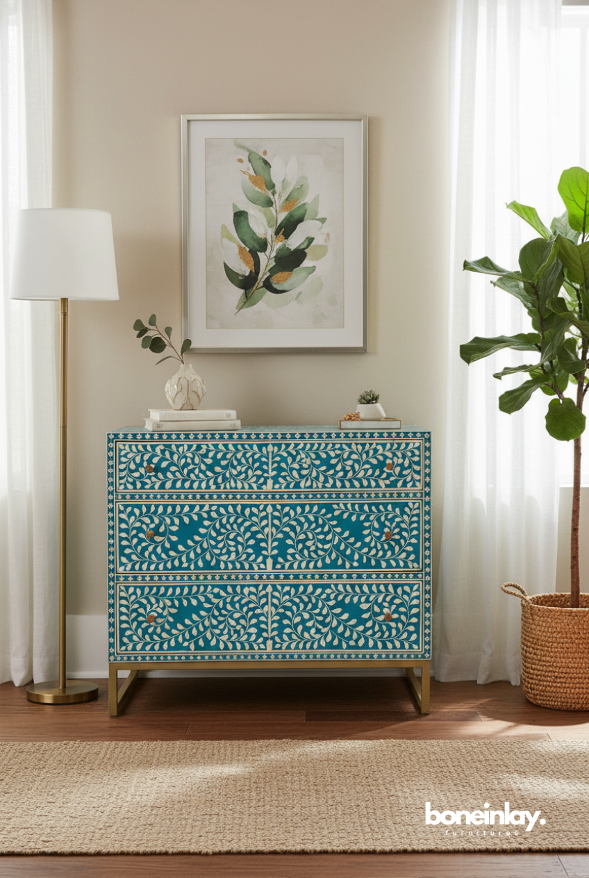 Turquoise Floral Bone Inlay Chest of Drawers Handmade Bone Inlay Furniture Wooden Dresser