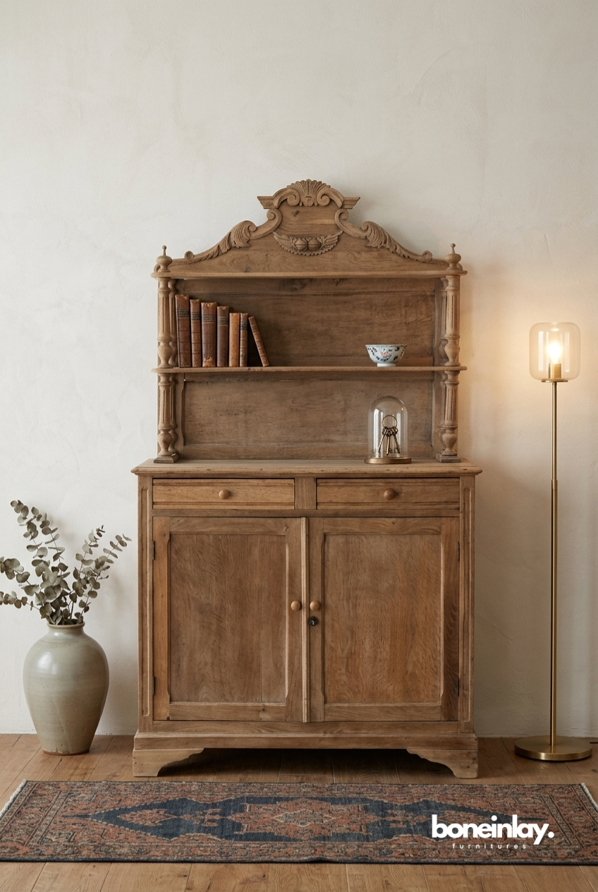 Antique French Provincial Solid Wood Buffet with Hutch