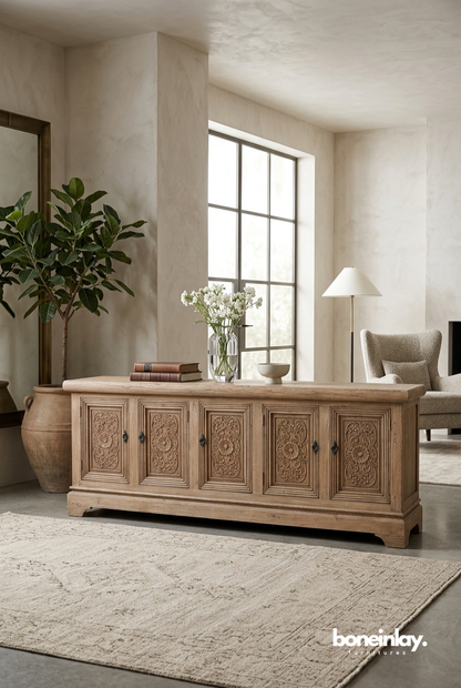 Rustic Hand Carved Wooden Media Console with Floral Panel Detailing