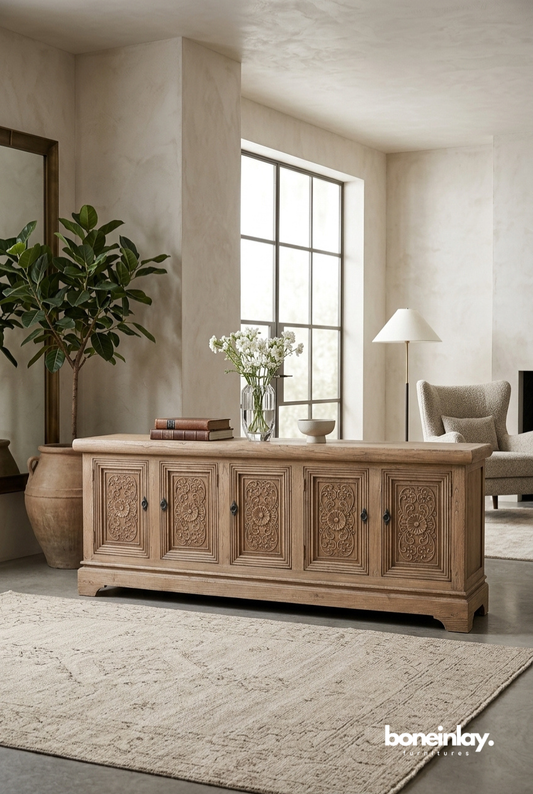 Rustic Hand Carved Wooden Media Console with Floral Panel Detailing