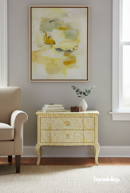 Yellow Floral Bone Inlay Two Drawers Dresser