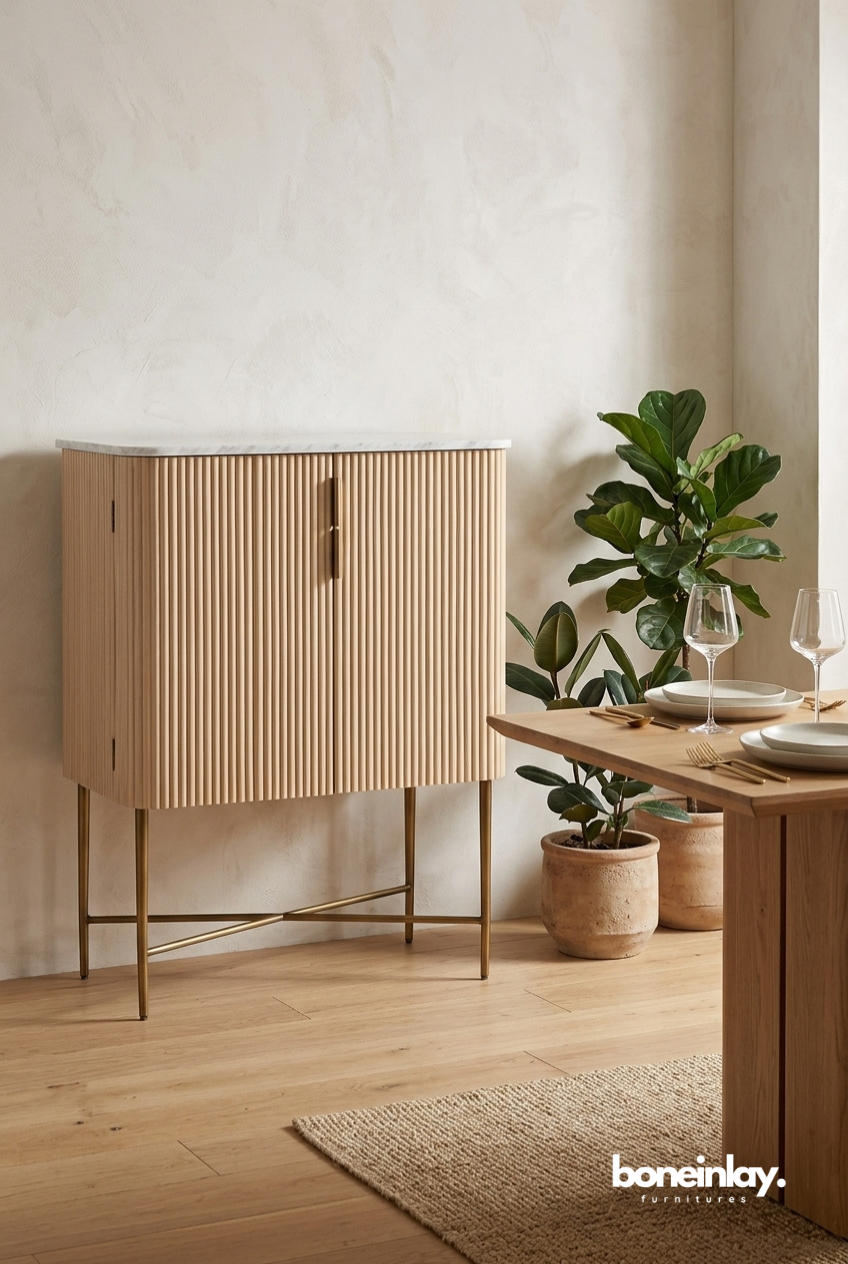 Modern Fluted Wooden Bar Cabinet with Marble Top