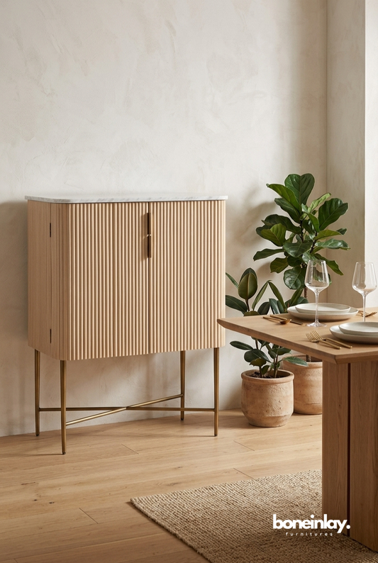 Modern Fluted Wooden Bar Cabinet with Marble Top