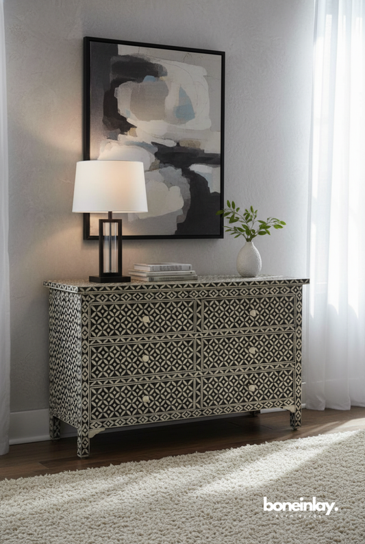 Black Geometric Bone Inlay Dresser Handmade Bone Inlay Furniture Six Drawer Chest