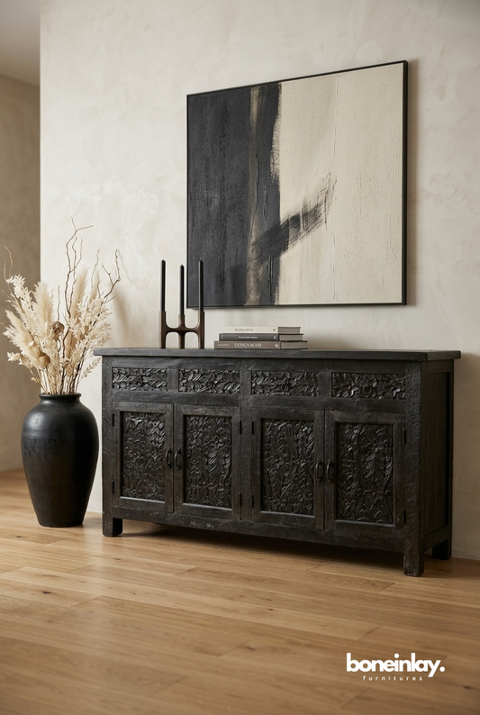 Dark Rustic Hand Carved Wooden Sideboard Cabinet with Botanical Panel Design