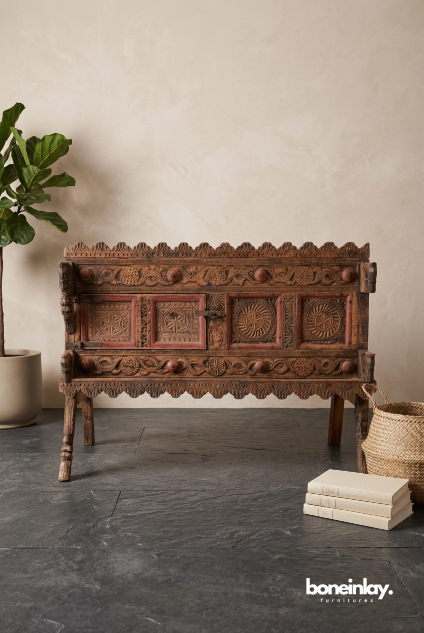 Vintage Hand Carved Wooden Storage Chest with Traditional Tribal Motif Design