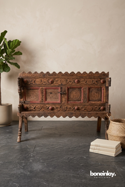 Vintage Hand Carved Wooden Storage Chest with Traditional Tribal Motif Design