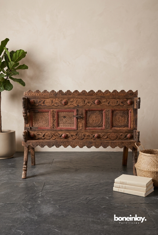 Vintage Hand Carved Wooden Storage Chest with Traditional Tribal Motif Design