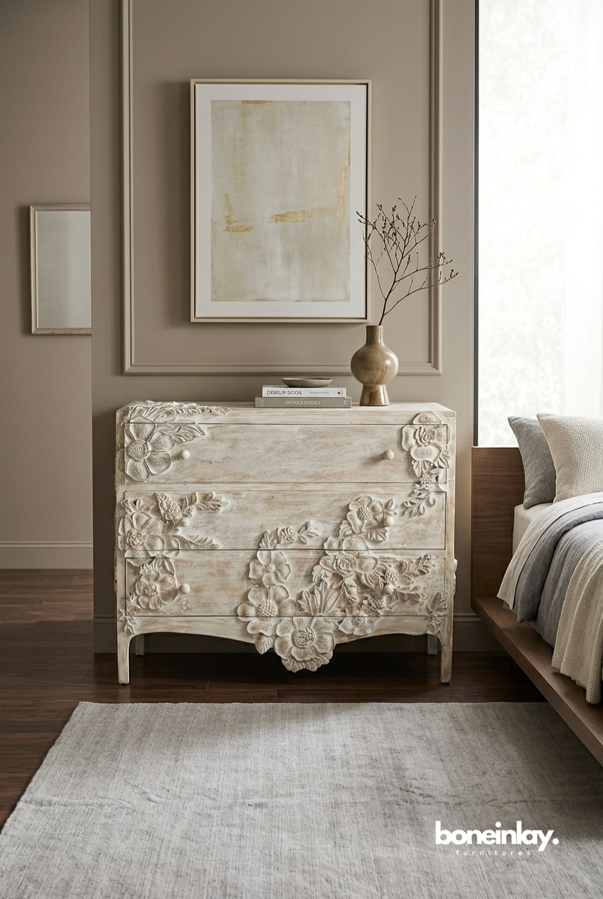 Handcarved White Floral Wooden Three Drawer Chest with Vintage Rustic Finish