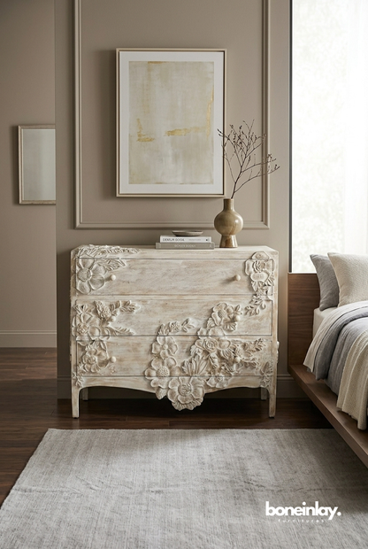 Handcarved White Floral Wooden Three Drawer Chest with Vintage Rustic Finish