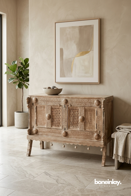 Rustic Hand Carved Wooden Sideboard Cabinet with Distressed Heritage Finish