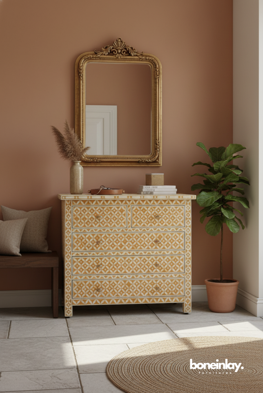 Yellow Bone Inlay Dresser with Geometric Pattern for Entryway Decor
