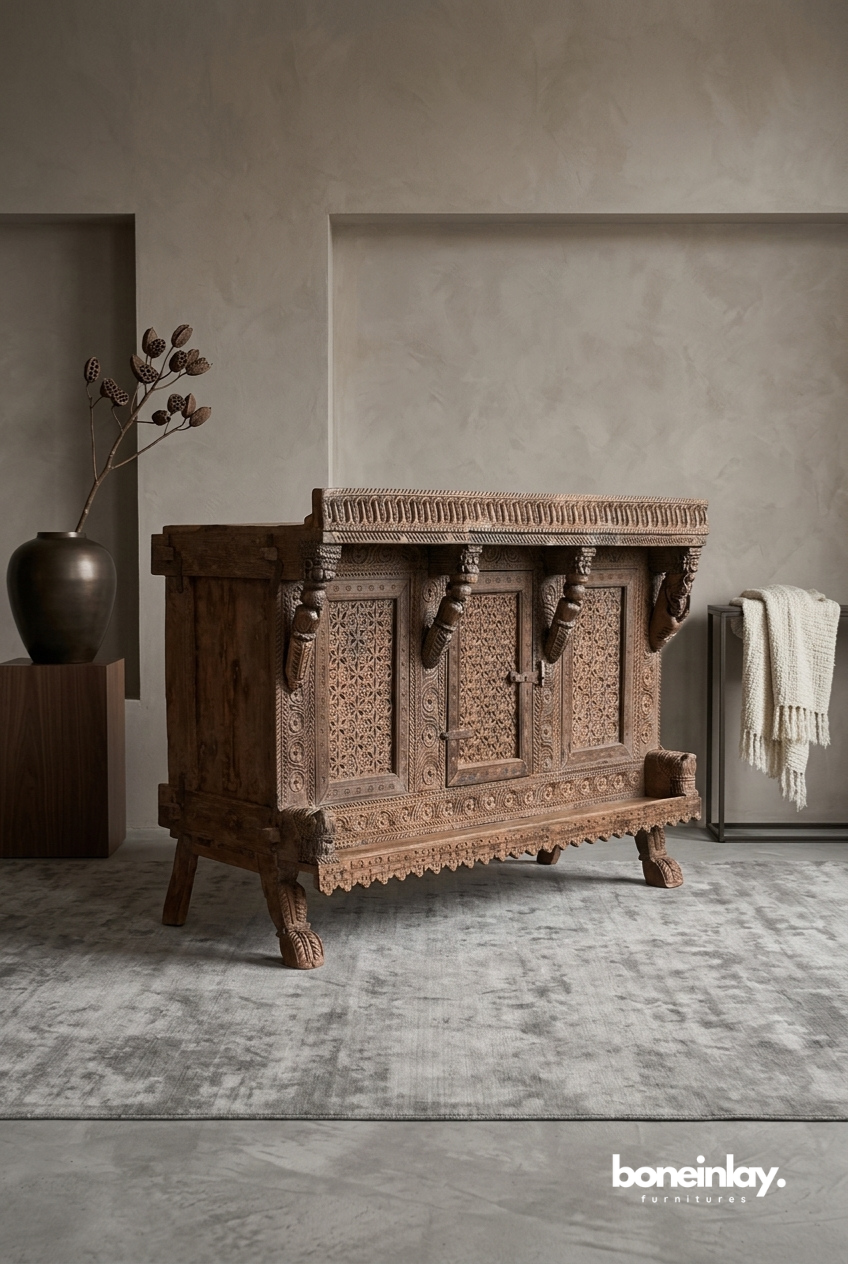 Antique Hand Carved Wooden Console Cabinet with Ornamental Bracket Detailing